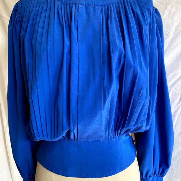 Vintage Royal Blue Pleated Blouse Gold Buttons - Picture 2 of 10